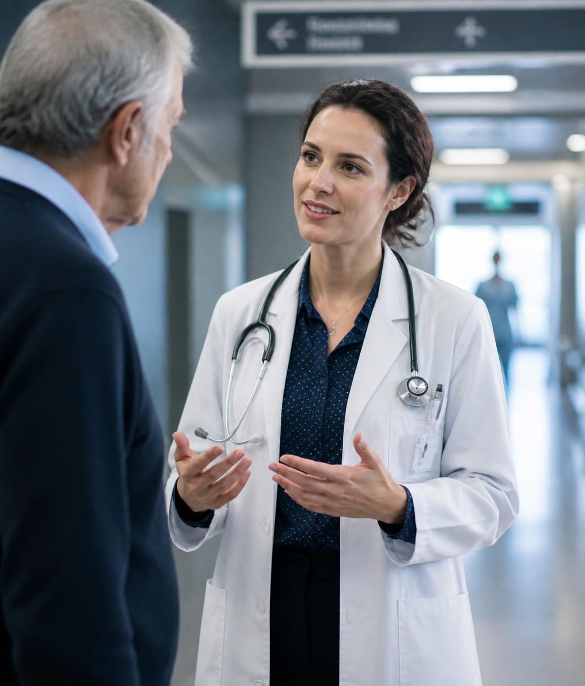 Physician in a white coat speaking with an elderly patient in a hospital corridor