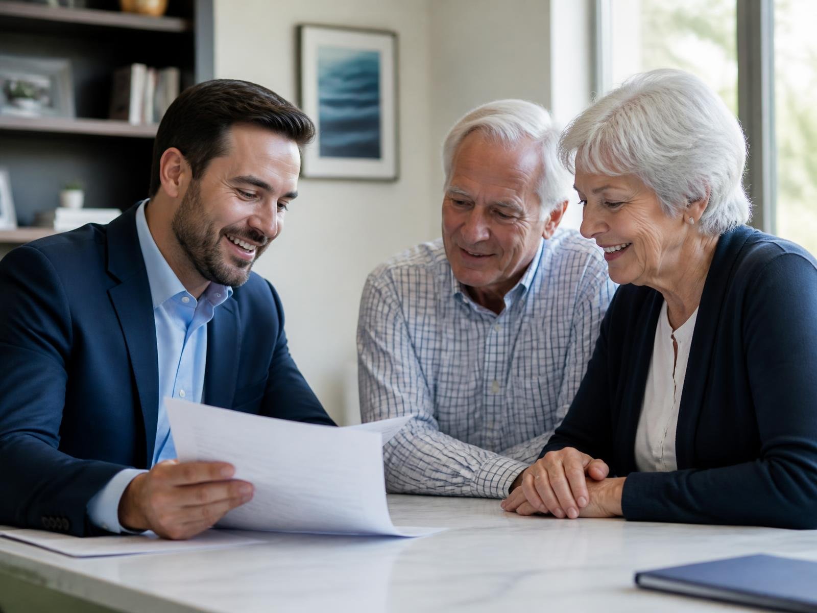 Licensed Medicare advisor reviewing plan documents with a senior couple