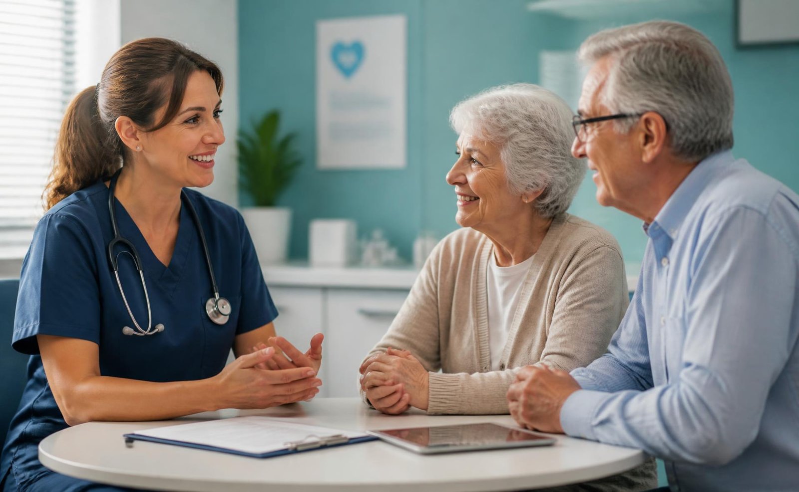 Healthcare professional having a reassuring conversation with an older patient