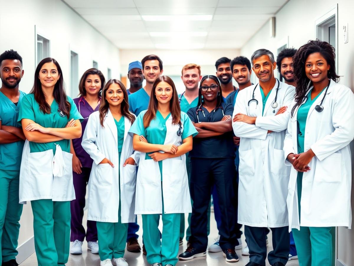 Team of healthcare professionals standing together in a clinic